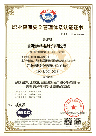 职业健康安全治理系统认证证书